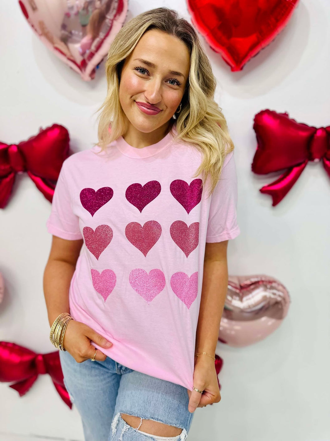 9 Multi Colored Glitter Hearts Tee