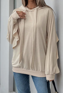 Ruffled long sleeve hooded sweatshirt