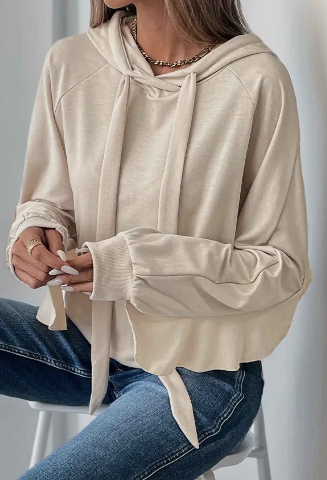 Ruffled long sleeve hooded sweatshirt