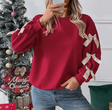 Load image into Gallery viewer, Red bow sleeve sweater
