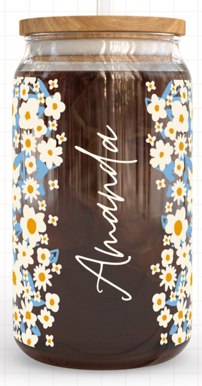 Blue and white flowers, custom name glass