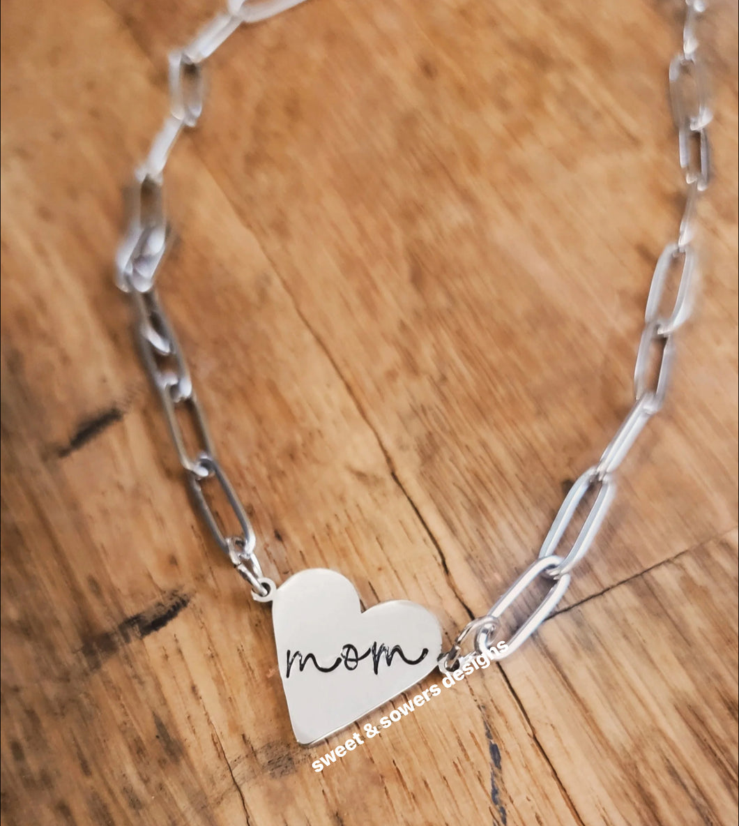 Heart paper clip stamped necklace