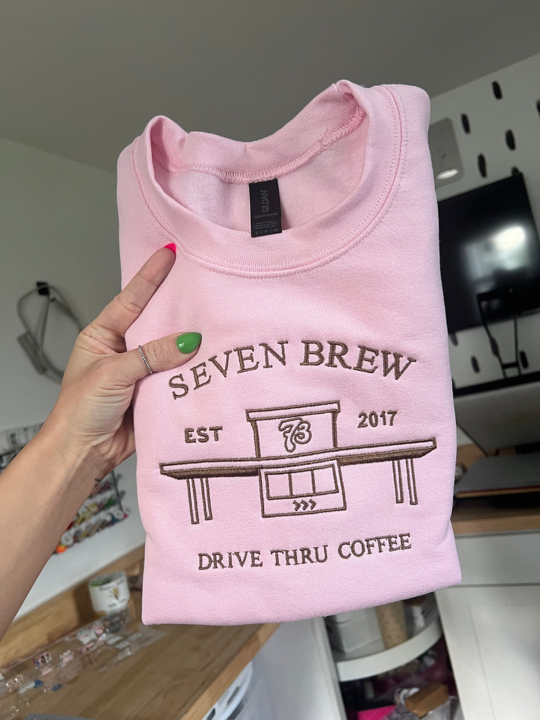 7brew - pink w brown stitch - SMALL - RTS