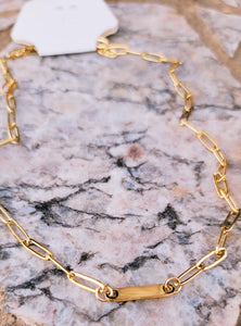 Gold plate paper clip stamp necklace