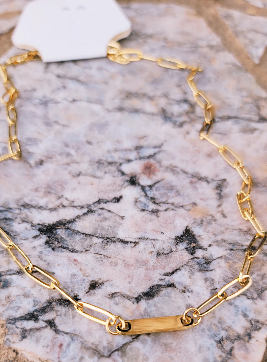 Gold plate paper clip stamp necklace