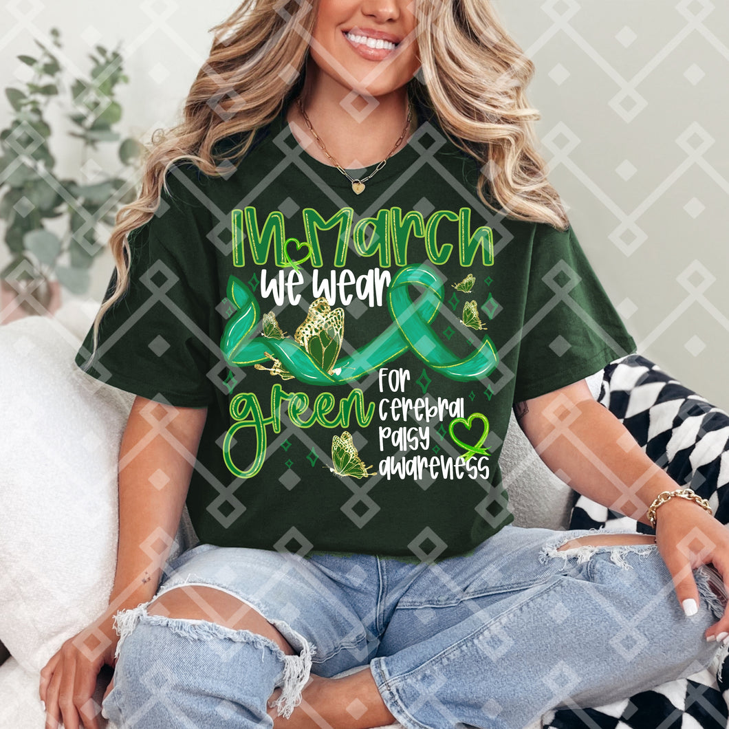 In march we wear green - white text