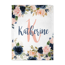 Load image into Gallery viewer, Navy and blush large initial name blanket
